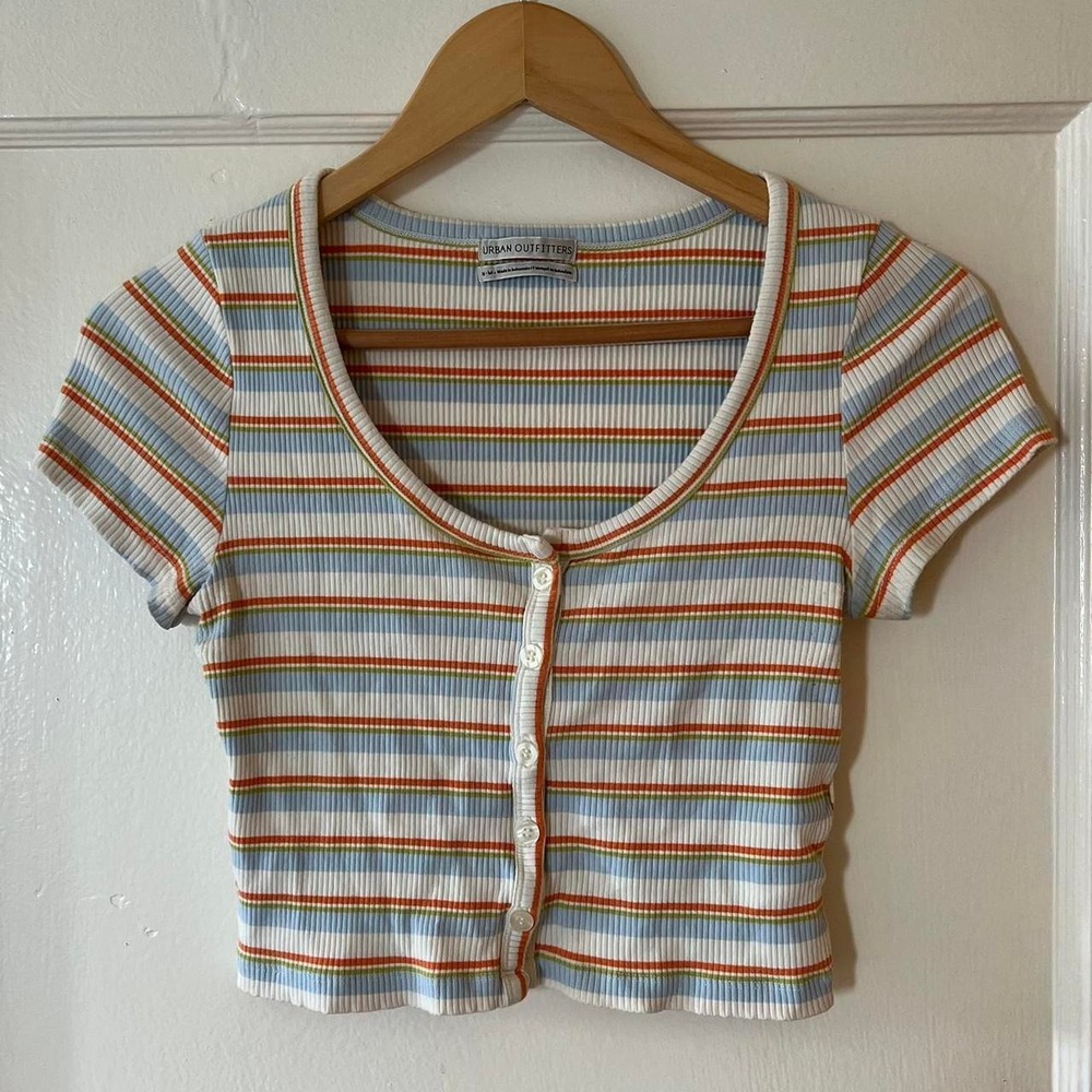 Urban Outfitters Blue Orange Striped Ribbed Button Down Crop Top Medium